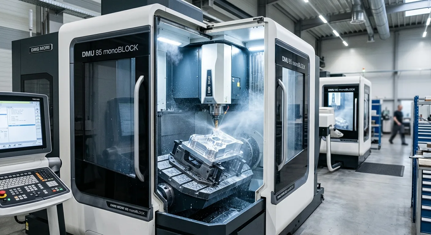 CNC obráběcí centrum při frézování hliníkového dílu, v pozadí další stroje v hale