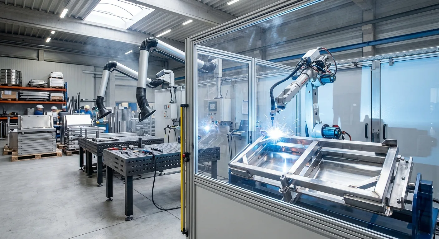 Robotické svařovací pracoviště s nerezovou konstrukcí, v pozadí svařovací stoly a odsávání